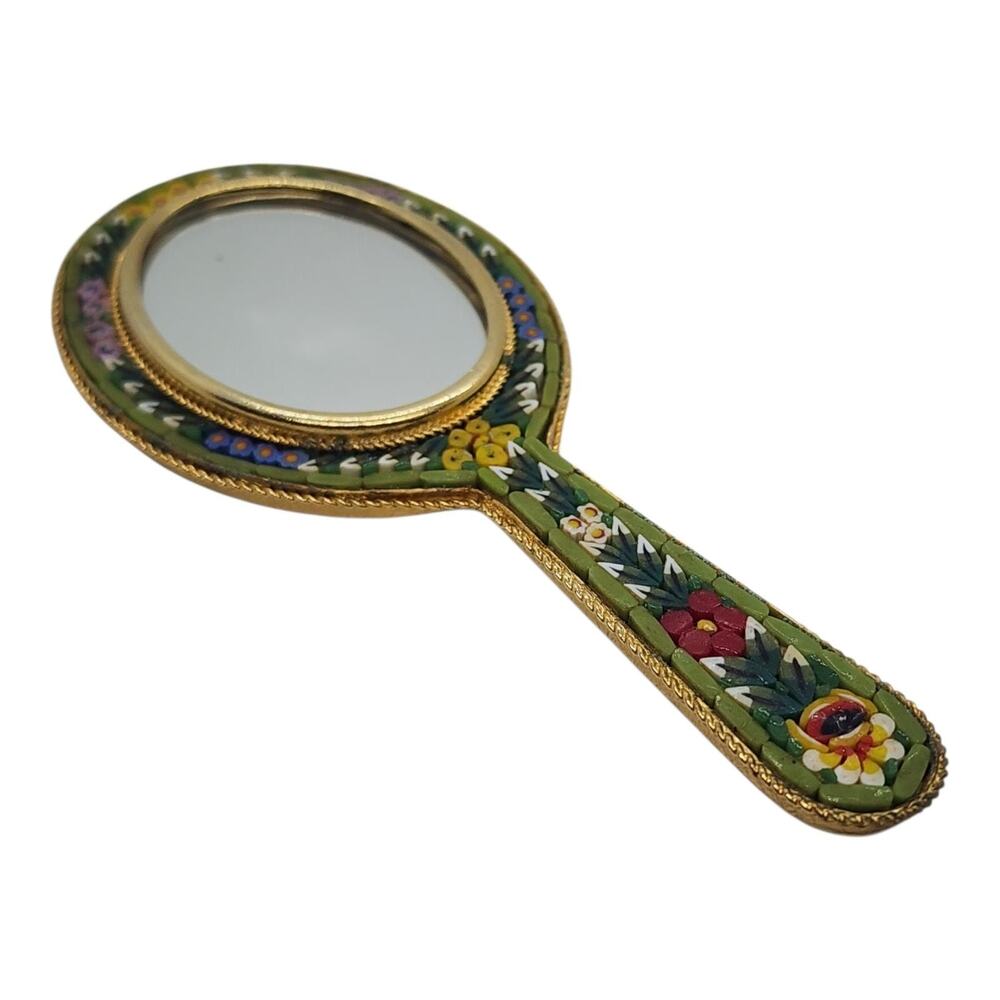 Vintage Italian Micro Mosaic Hand Mirror Floral Glass Tessera Brass Vanity